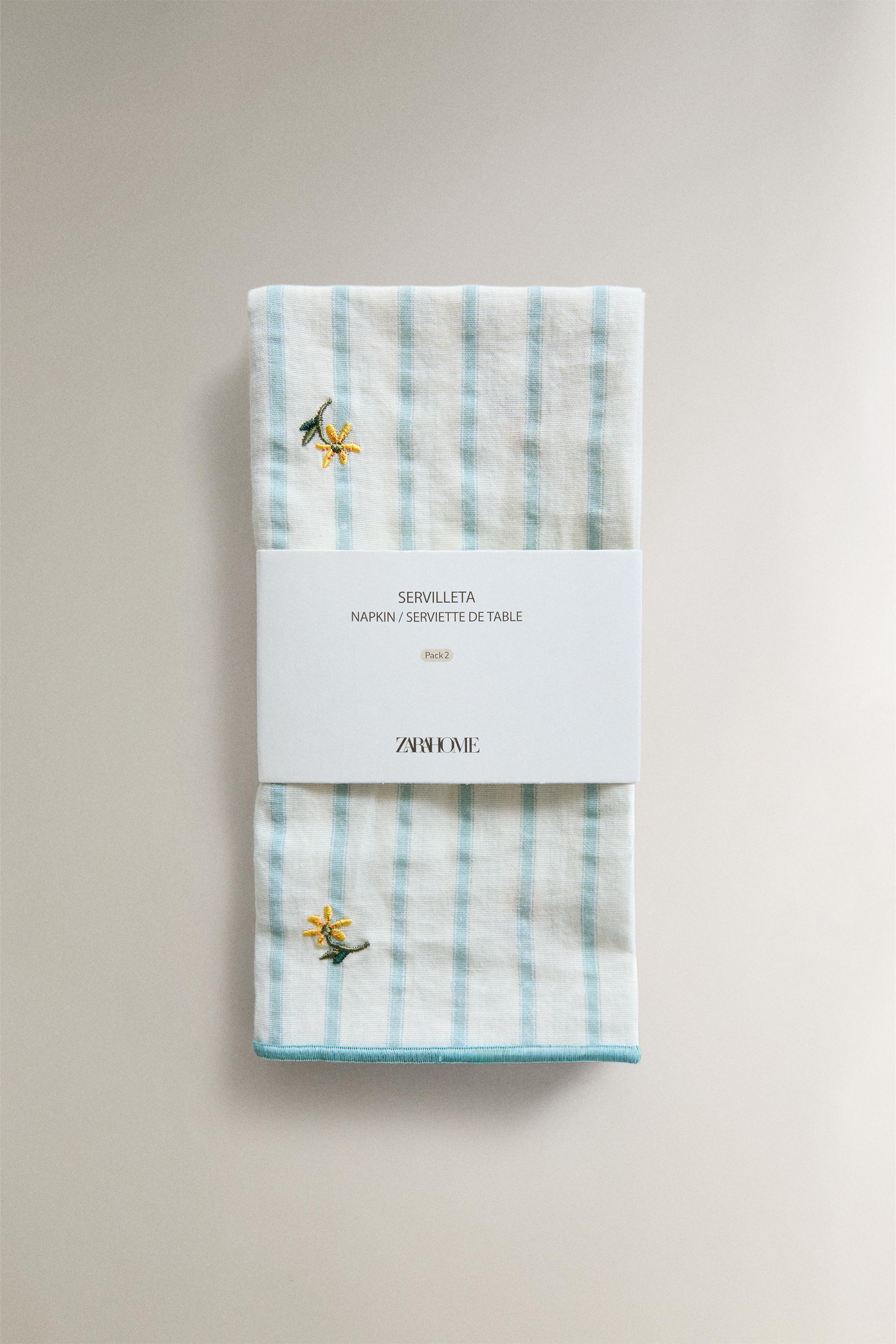 LOT DE 2 SERVIETTES TABLE RAYURES ET FLEUR BRODÉE